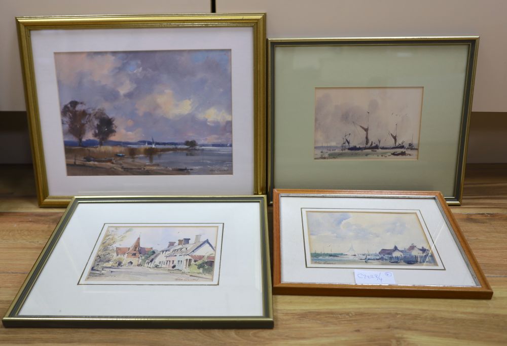 Peter Gilman (1928-1984), oil and three watercolours, Estuary scene, The Causeway, Horsham and two studies at Staithes, largest 28 x 28